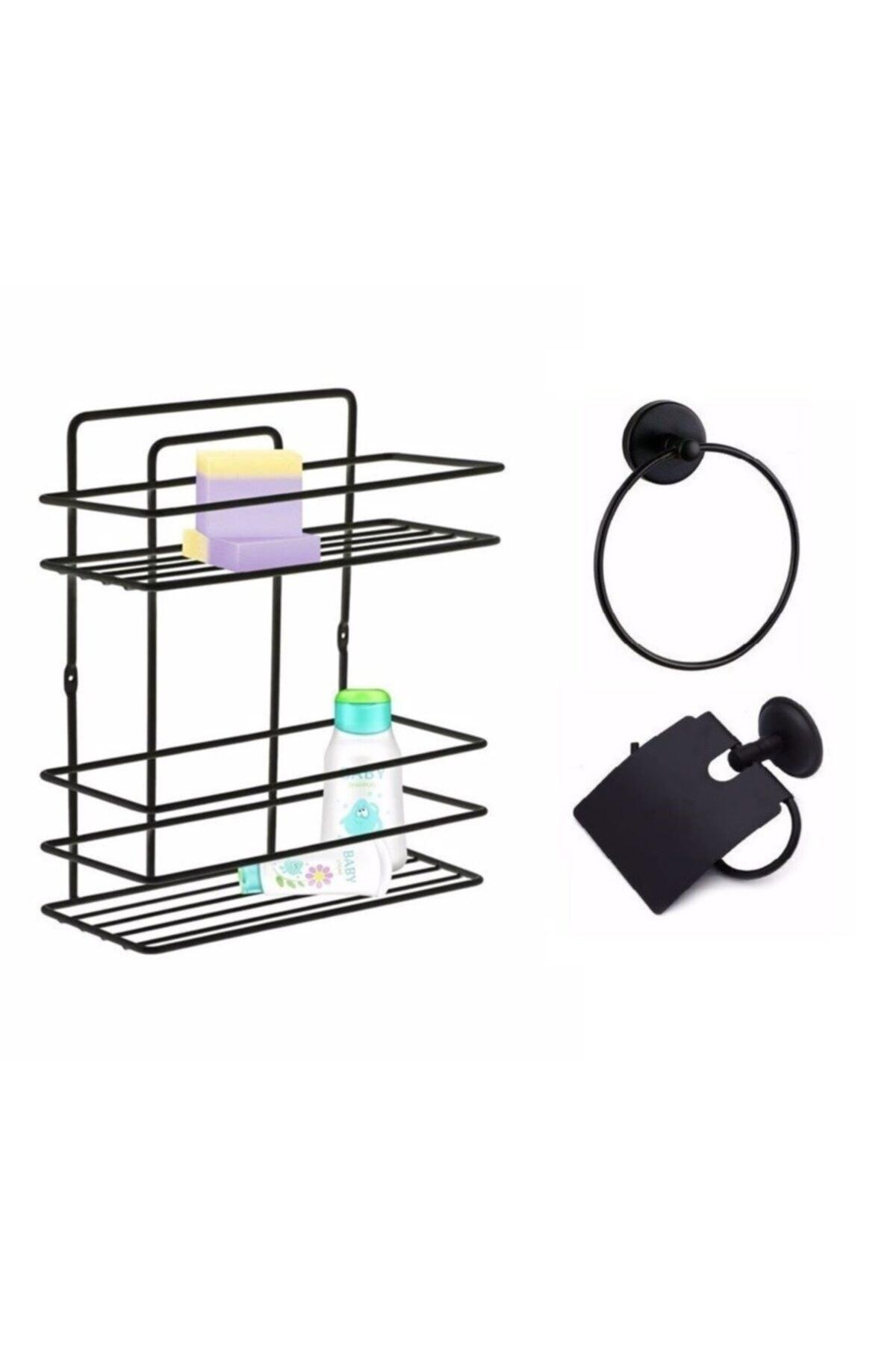 Bathroom Accessory Set 3 Pieces Black , Lifetime Stainless Straight Bathroom Shelf Shampoo Holder Black Tş -02 - Swordslife