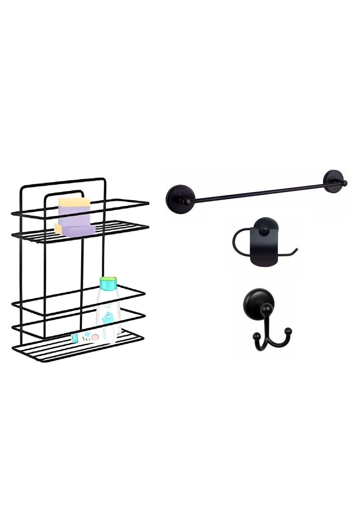 Bathroom Accessory Set 4 Pieces Black , Lifetime Stainless Flat Shower Shelf Shampoo Holder Black Tş-02 - Swordslife