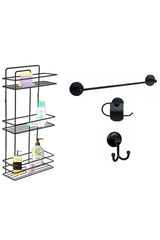 Bathroom Accessory Set 4 Pieces Black , Lifetime Stainless Flat Shower Shelf Shampoo Holder Black Tş-03 - Swordslife