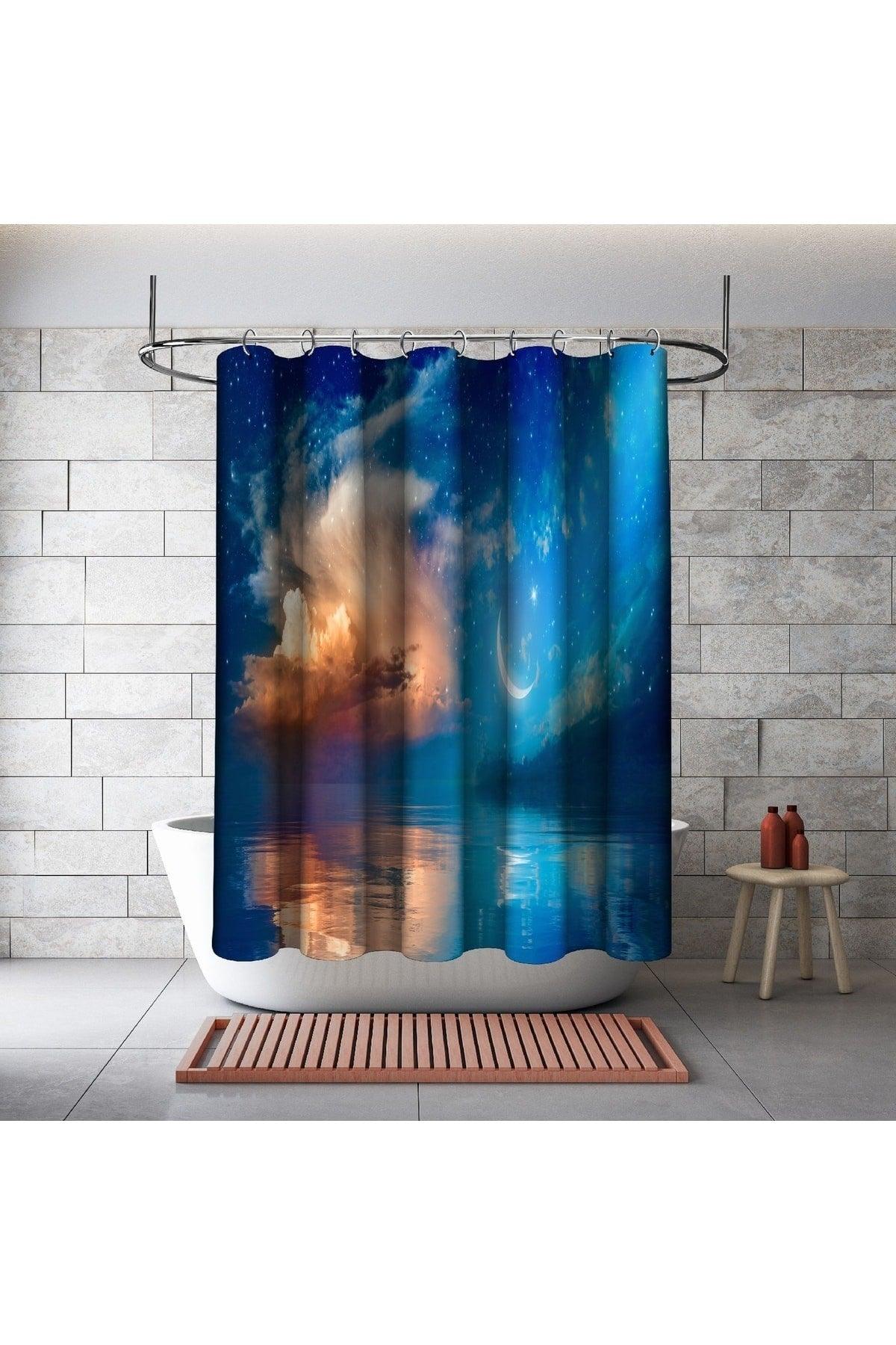 Bathroom Shower Curtain Design Decor Crescent Stars Sea Blue Cloud Digital Printed Width 175 Cm - Swordslife