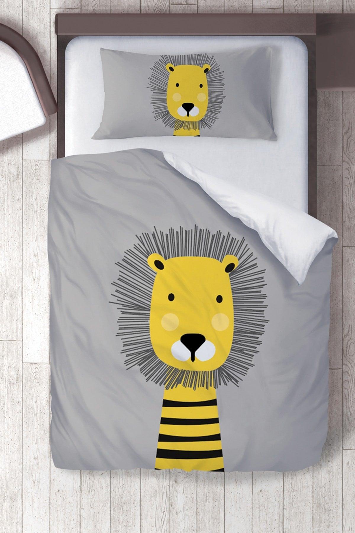 Cotton Micro Satin Gray Yellow Lion Baby