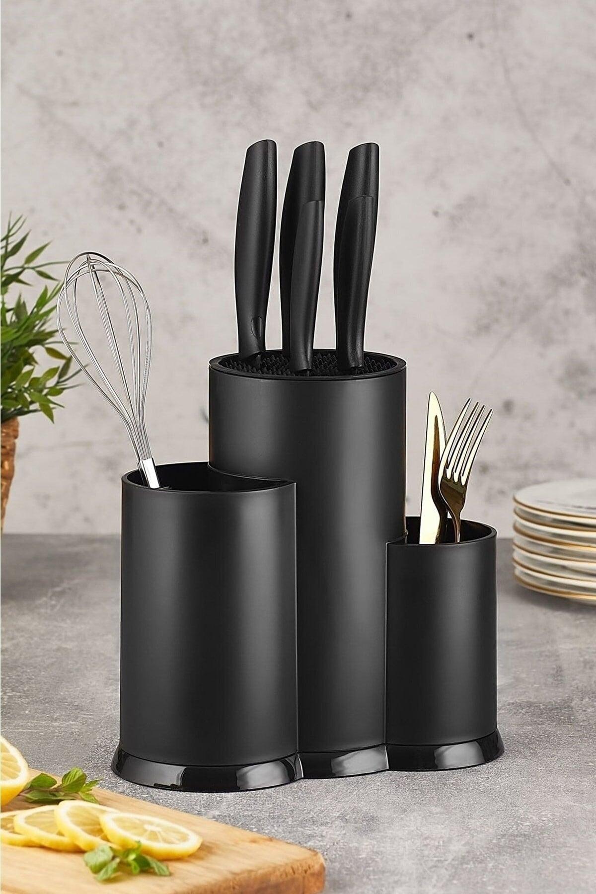 Counter Top Divided Spoon Knife Stand - Cutlery Knife Holder Organizer Black - Swordslife