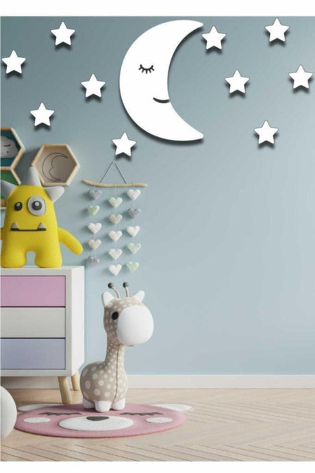 White Moondede + 10 White Stars Kids Room Wooden Wall Decoration - Swordslife