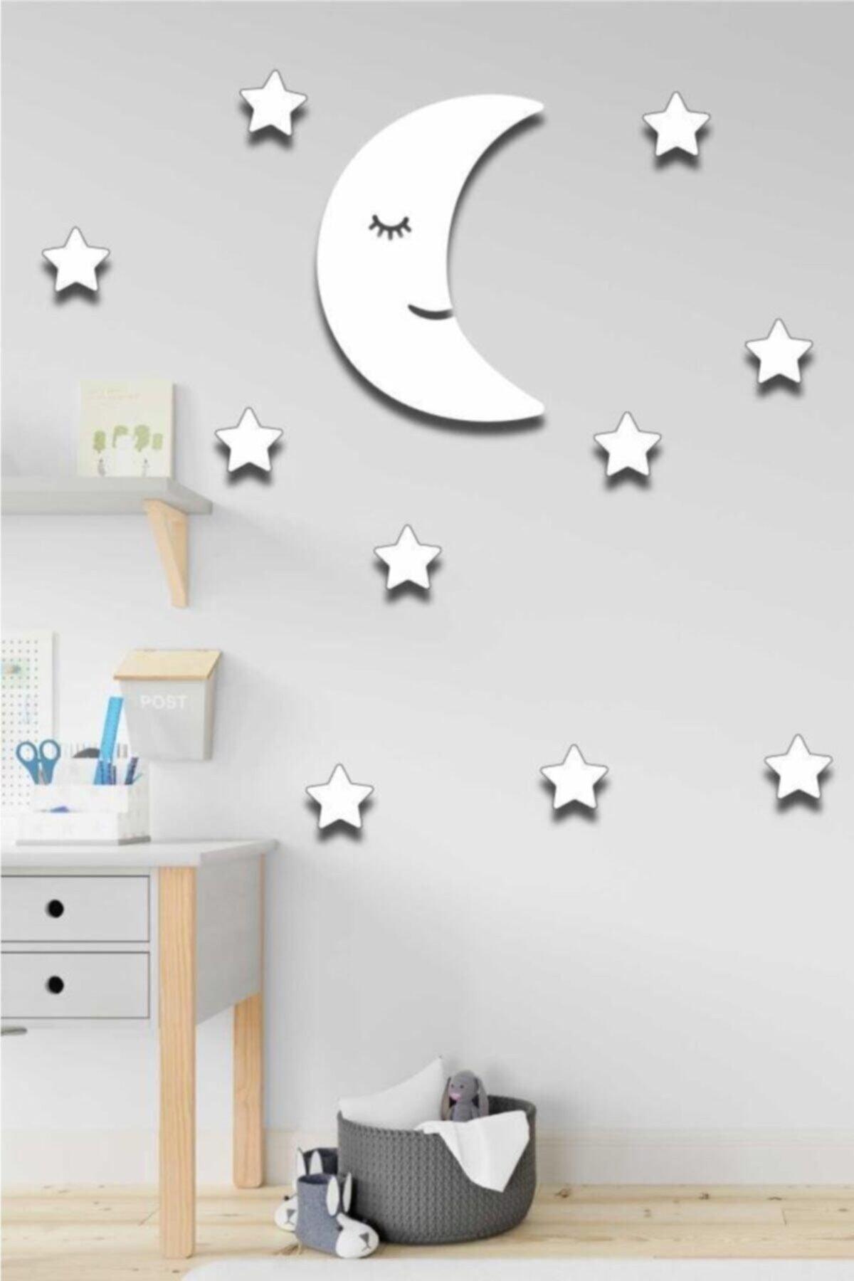 White Moondede + 10 White Stars Kids Room Wooden Wall Decoration - Swordslife