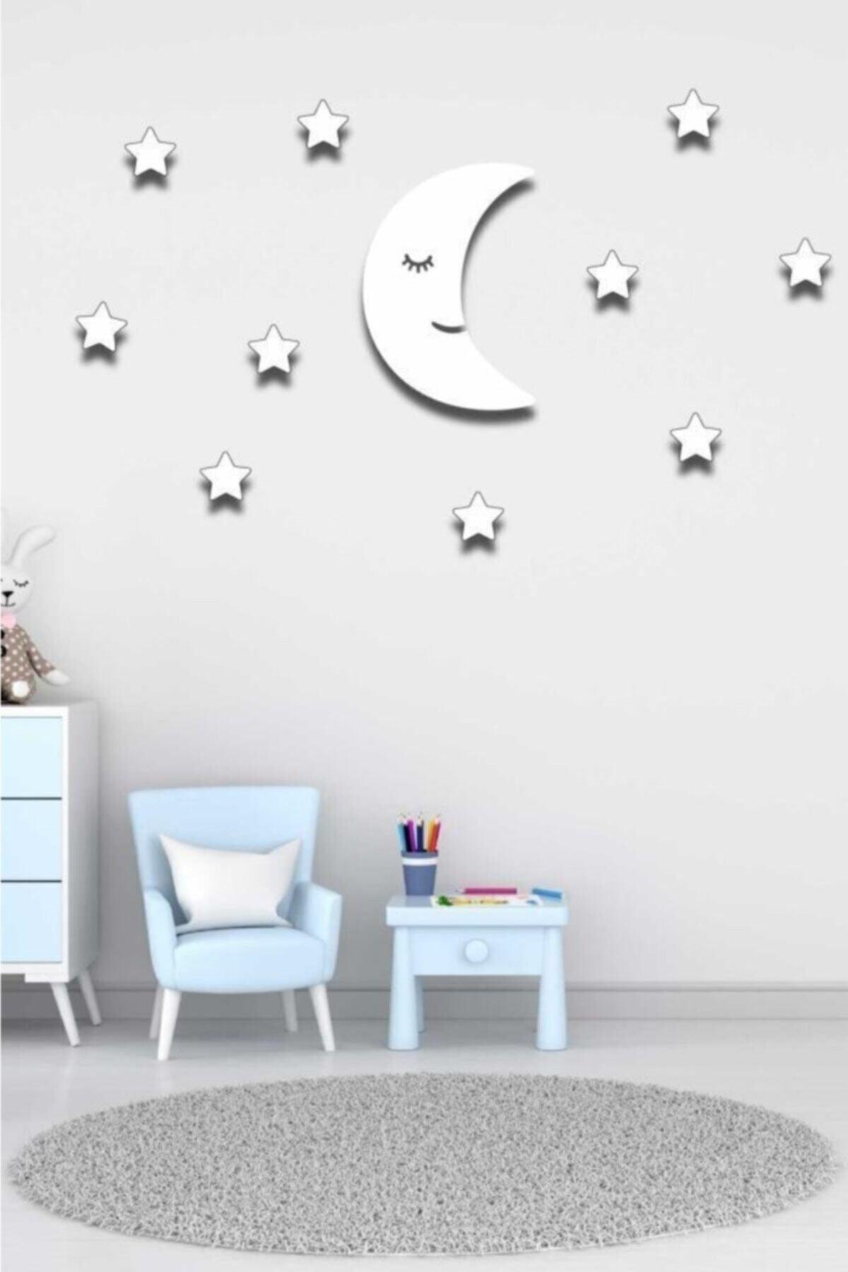 White Moondede + 10 White Stars Kids Room Wooden Wall Decoration - Swordslife