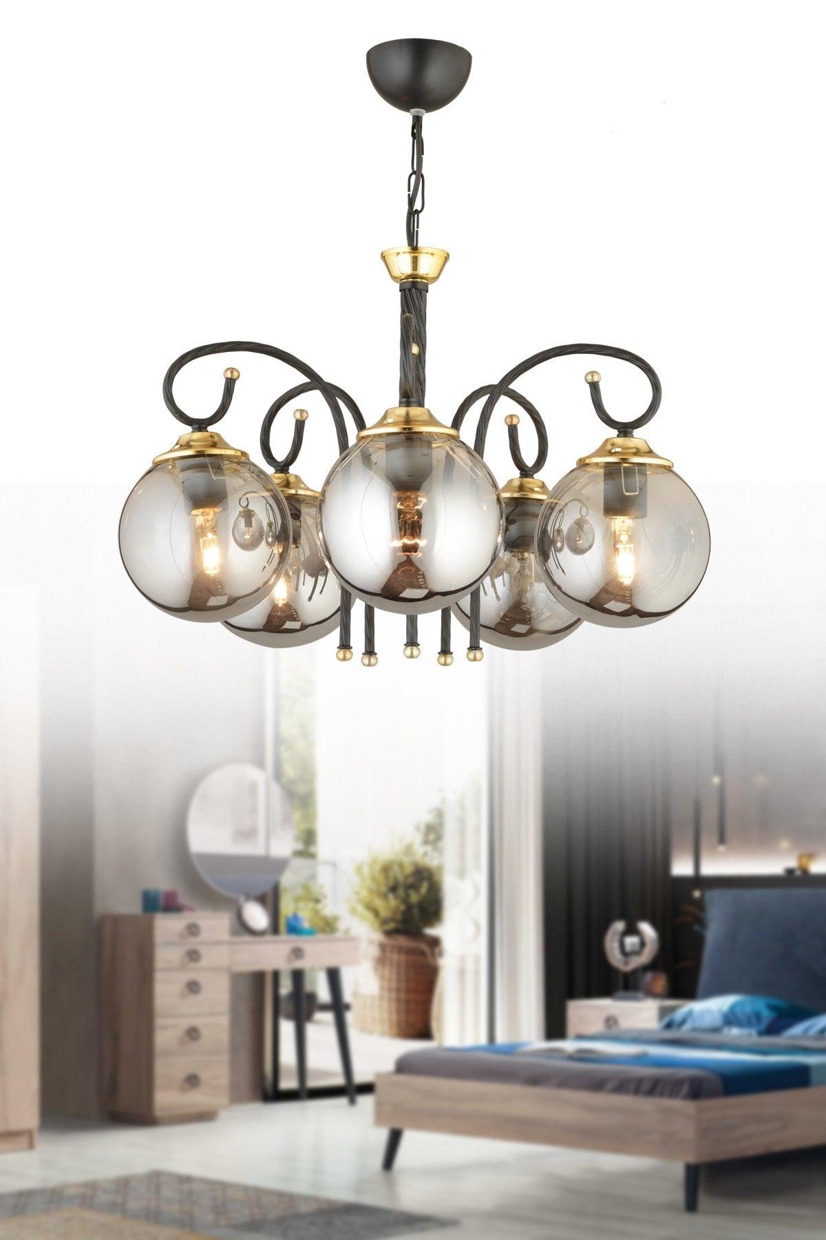 Black Azra 5 Piece Smoked Globe Glass Downward Facing Luxury Chandelier - Swordslife