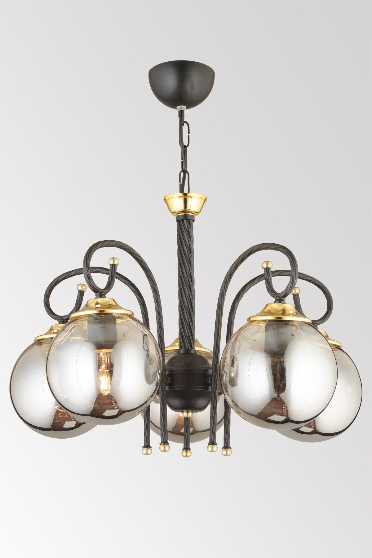 Black Azra 5 Piece Smoked Globe Glass Downward Facing Luxury Chandelier - Swordslife