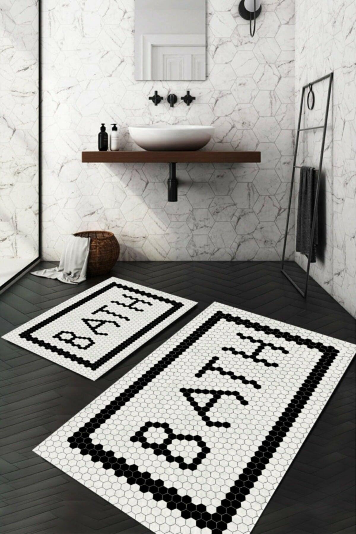 Black Bath Washable 2 Pcs Bath Mat Non-Slip Base (50x60)-(60x100) - Swordslife