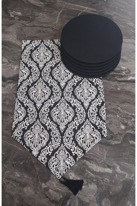 Black Damask Patterned Runner + 6 Pieces Black Placemat Cover Set - Swordslife