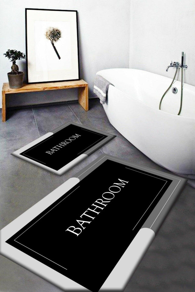 Black Gray Bath Written Washable Non-Slip Base 2 Bath Mat Closet Set Carpet Passo-6 - Swordslife