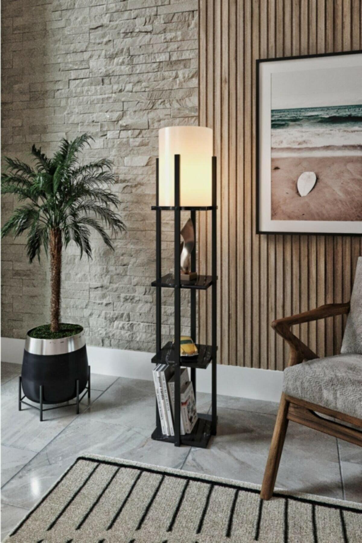 Black Marble Patterned Floor Lamp with Shelf - Swordslife