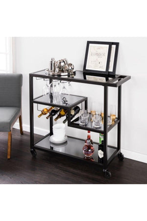 Black Serving And Presentation Trolley With Mirror Shelf