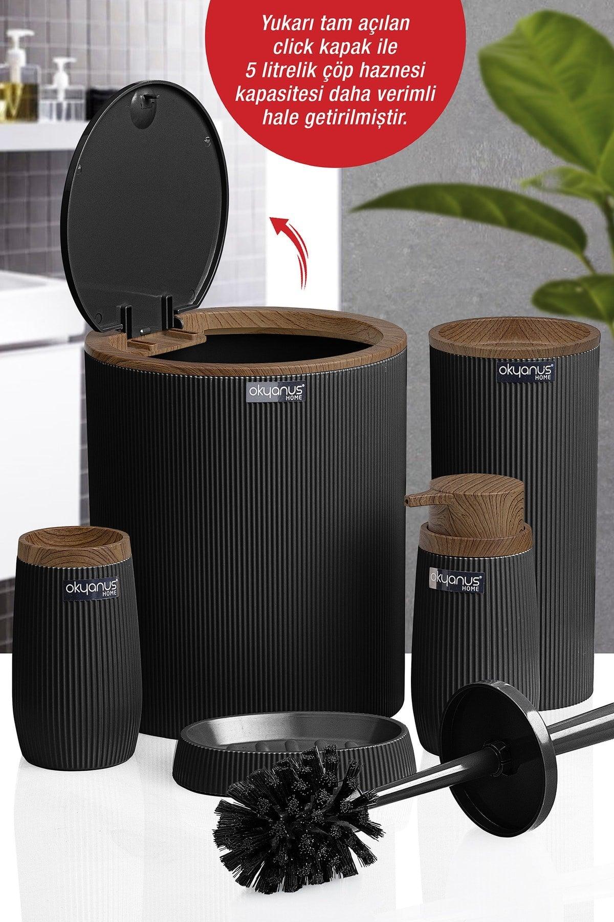 Black Wooden Striped Round 5 Piece Bathroom Set - Swordslife