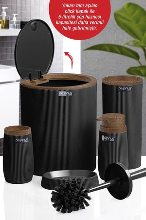 Black Wooden Striped Round 5 Piece Bathroom Set - Swordslife