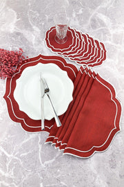 Claret Red Color White Double Wrap Embroidered 12 Piece Set Placemat And Cocktail Napkin - Swordslife