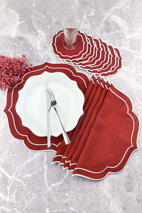 Claret Red Color White Double Wrap Embroidered 12 Piece Set Placemat And Cocktail Napkin - Swordslife