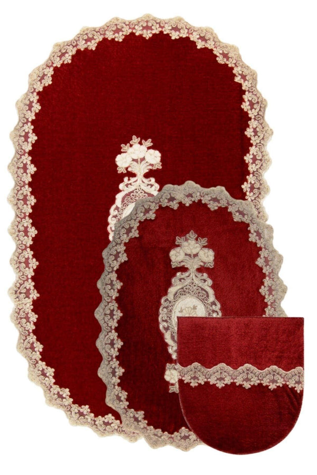 Claret Red Lisa 3d Dowry French Lace Appliqued Closet Set Bathroom Carpet Mat Set - Swordslife