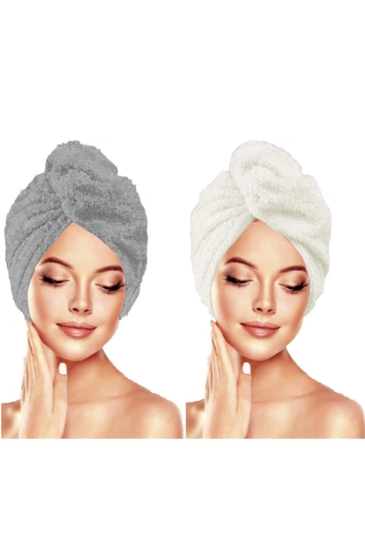 Buttoned Cotton Hair Towel Hair Cap 2 Pack Gray And Ecru Microfiber - Swordslife