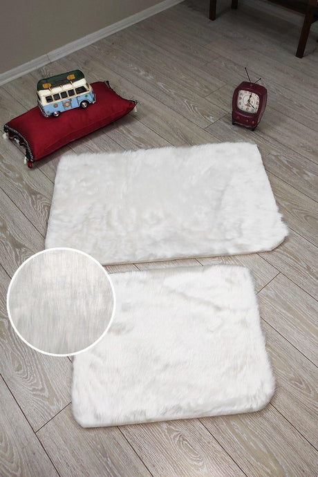 Carnival White Rectangle Plush Post Double Bath Mat Set - 50x60 and 60x90 cm - Swordslife