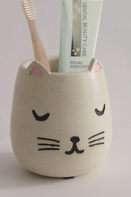 Cat Concrete Toothbrush Holder - Ivory Color