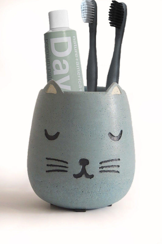 Cat Concrete Toothbrush Holder - Turquoise Blue