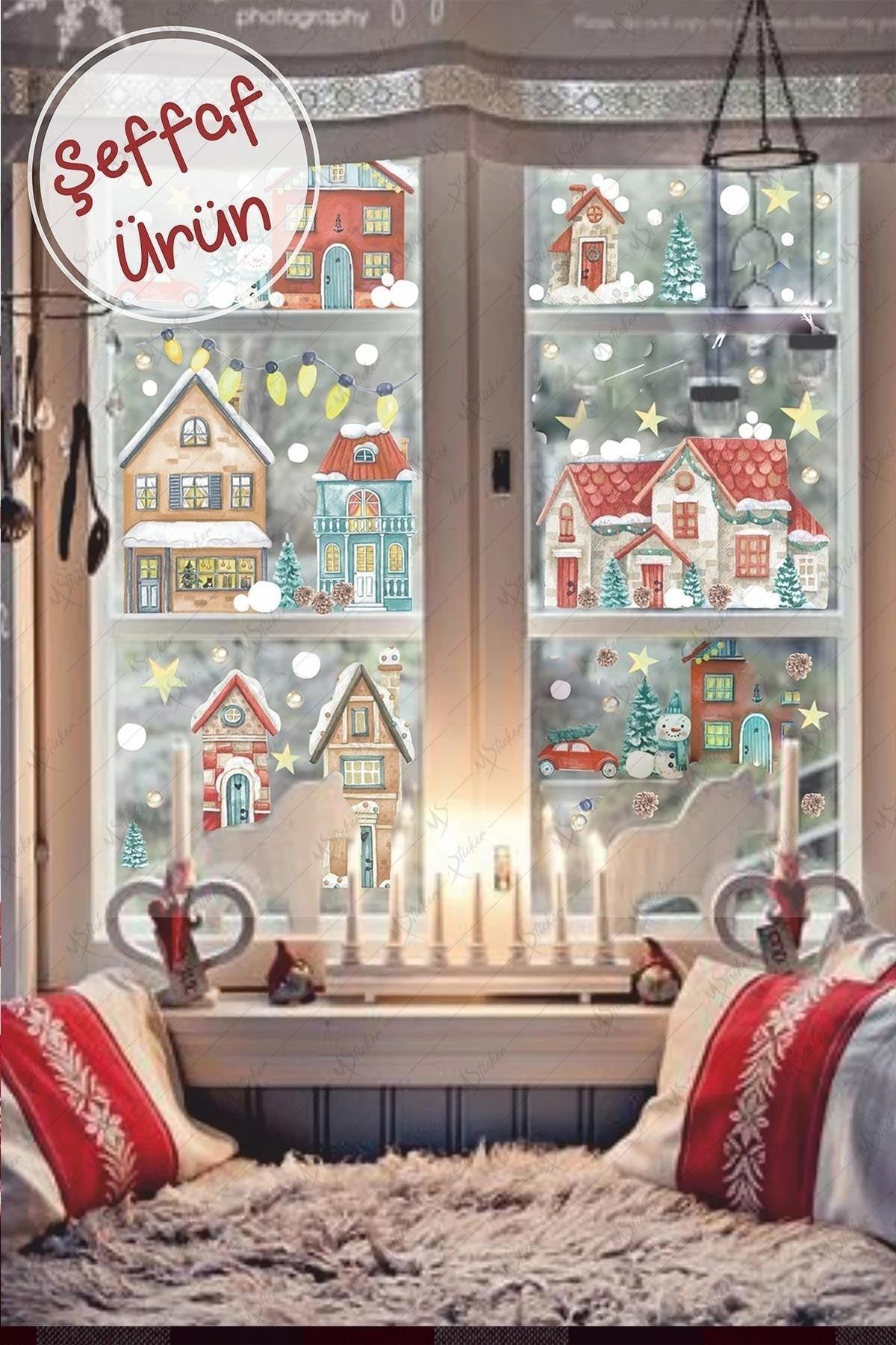 Christmas Transparent Snowy City New Year Kids Baby Room Sticker Set Double Side View - Swordslife