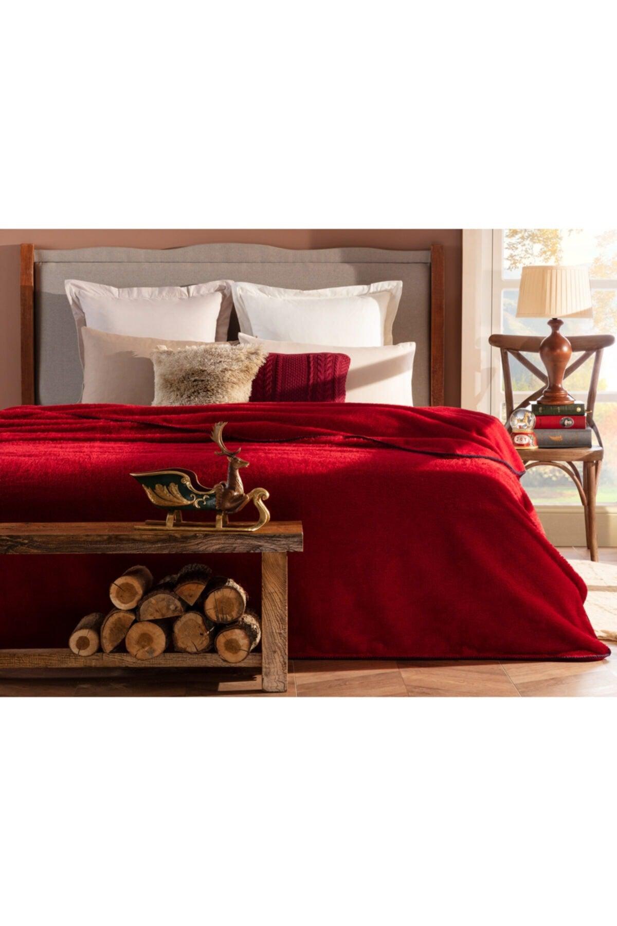 Claire Double Sherpa Plain Blanket - Red - Swordslife