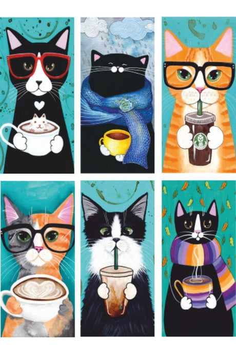 Cats Drinking Coffee Set of 6 Mini Retro Wooden Posters Uv Printed - Swordslife