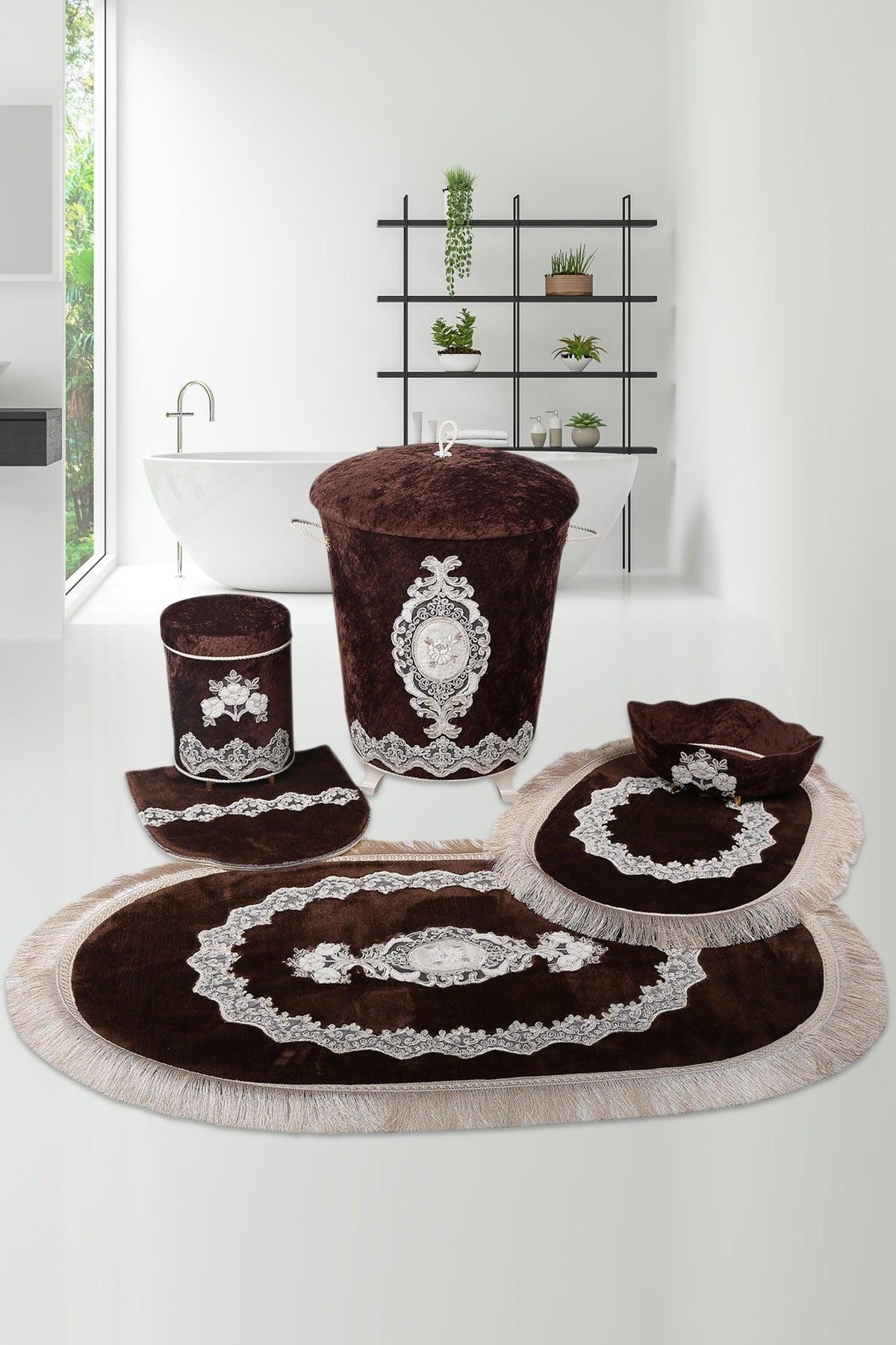 Coffee Exclusive Lacy Bathroom Dirty Laundry Basket and Bath Mat Set 6 Pcs - Swordslife