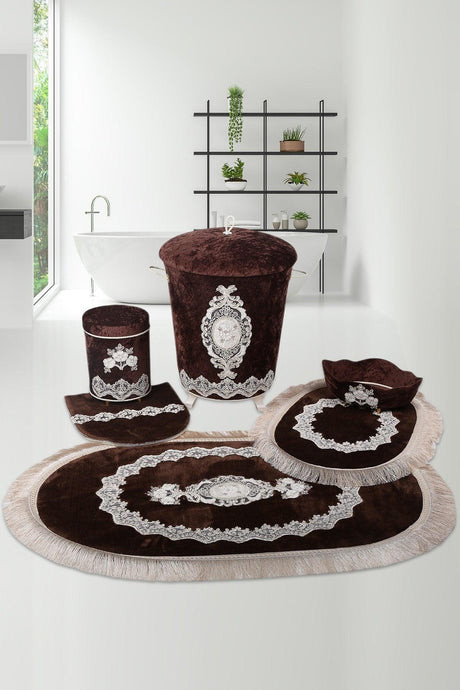 Coffee Exclusive Lacy Bathroom Dirty Laundry Basket and Bath Mat Set 6 Pcs - Swordslife