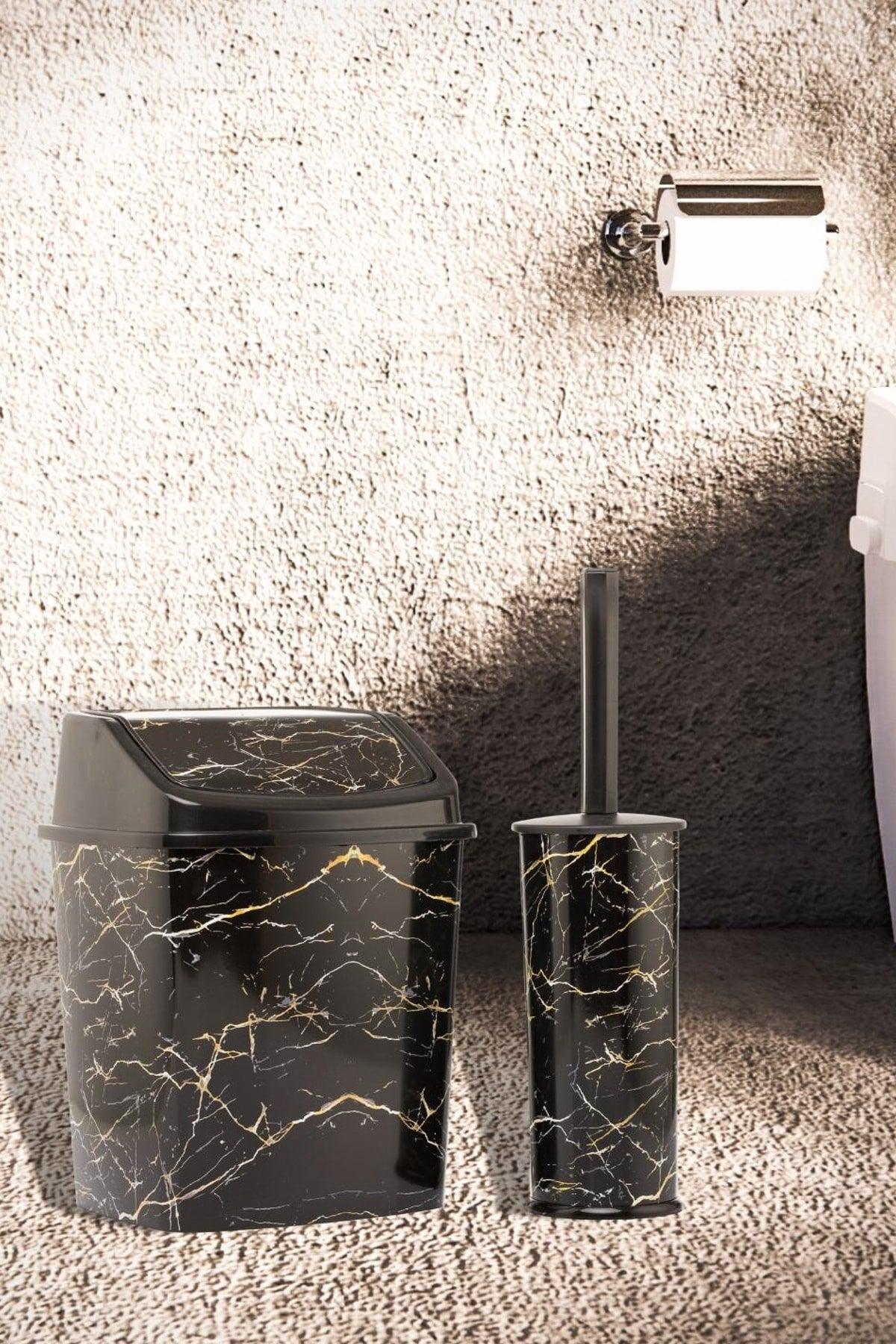 Dustbin Wc Toilet Brush Set of 2 Black Marble Patterned Odorless Set - Swordslife