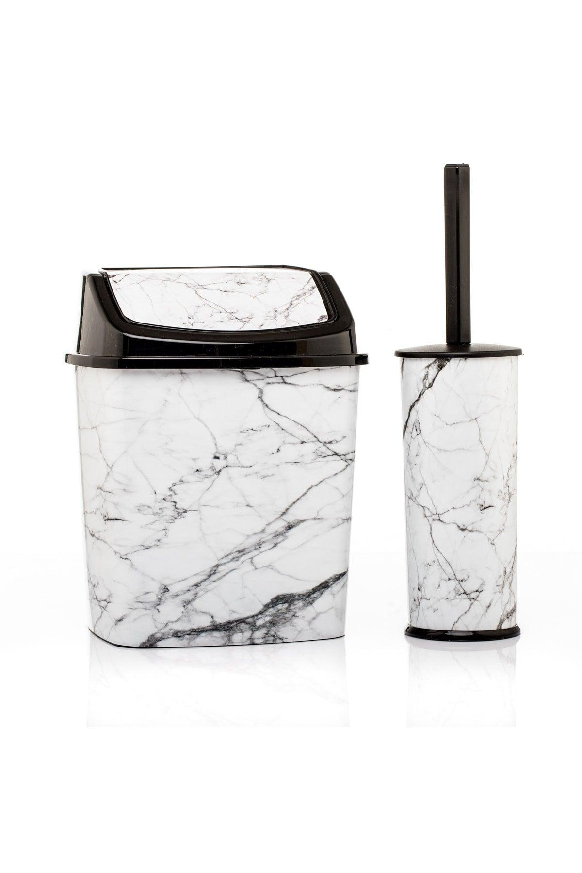 Dustbin Wc Toilet Brush Set of 2 White Marble Patterned Odorless Set - Swordslife