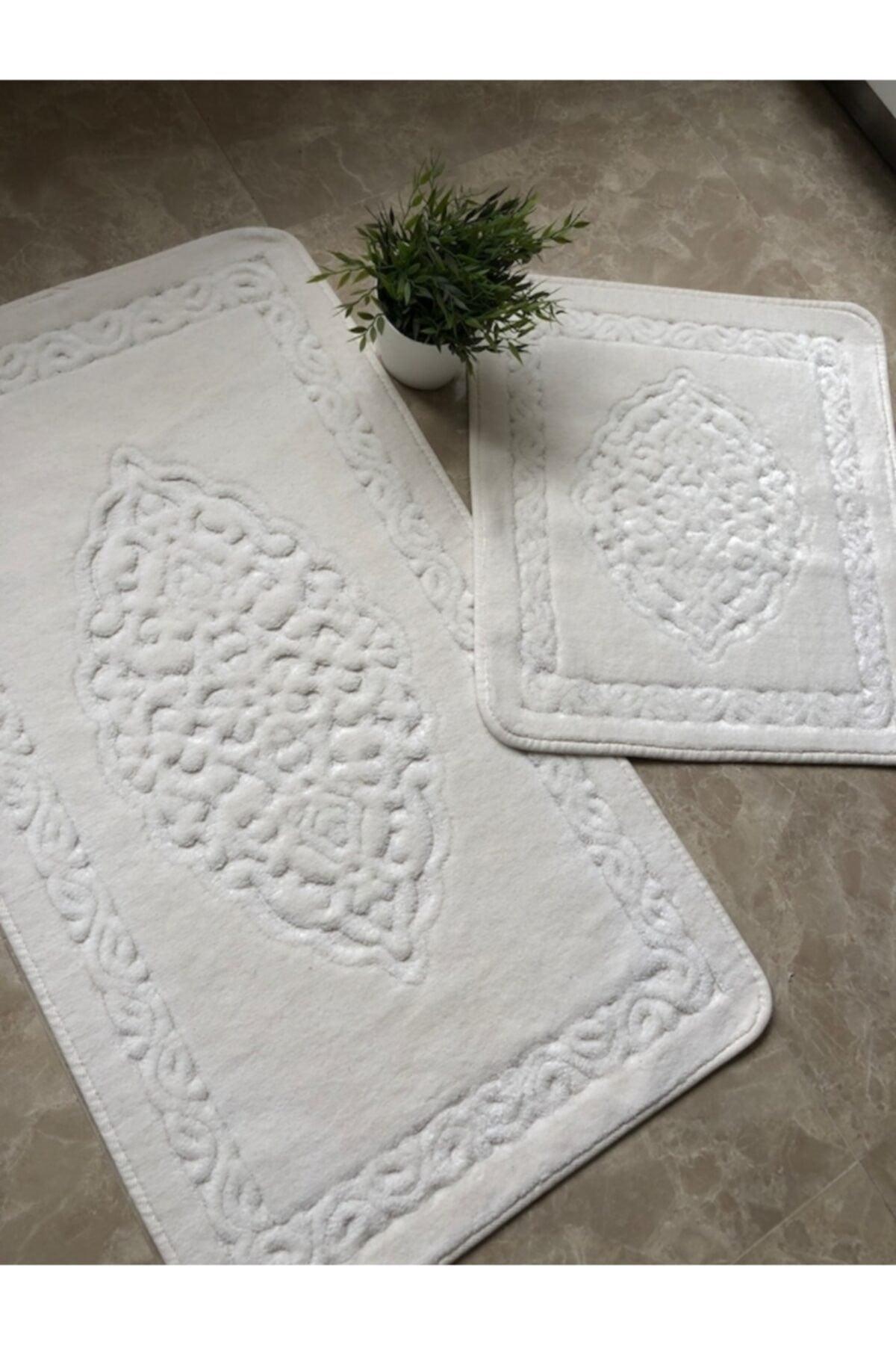 Cotton Eco Set of 2 Cotton Bath Mats Ottoman Pattern Cream - Swordslife