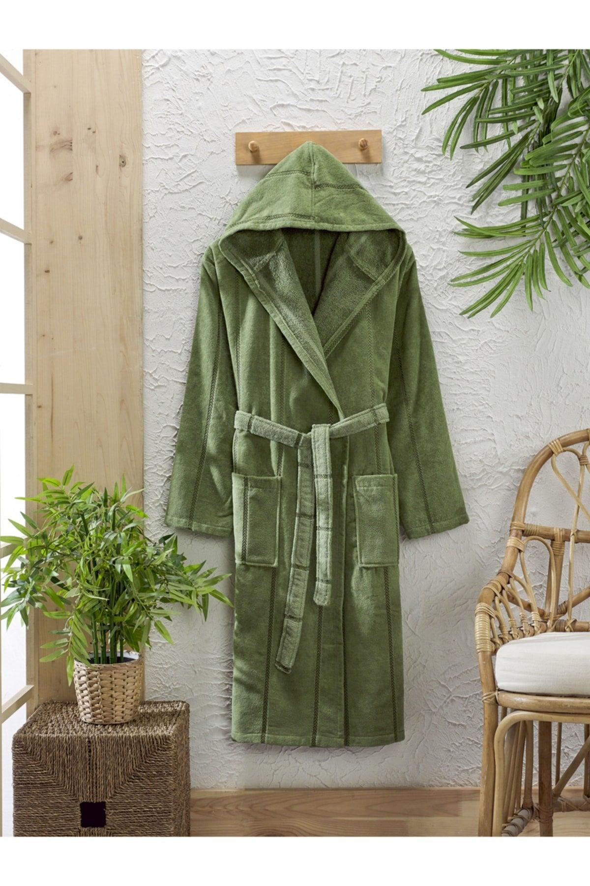 Cotton Velvet Hooded Unisex Green Bathrobe