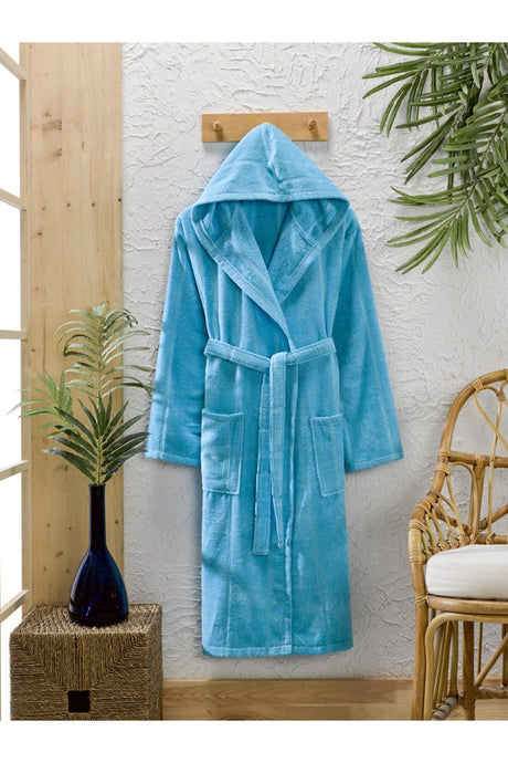 Cotton Velvet Hooded Unisex Turquoise Bathrobe - Swordslife