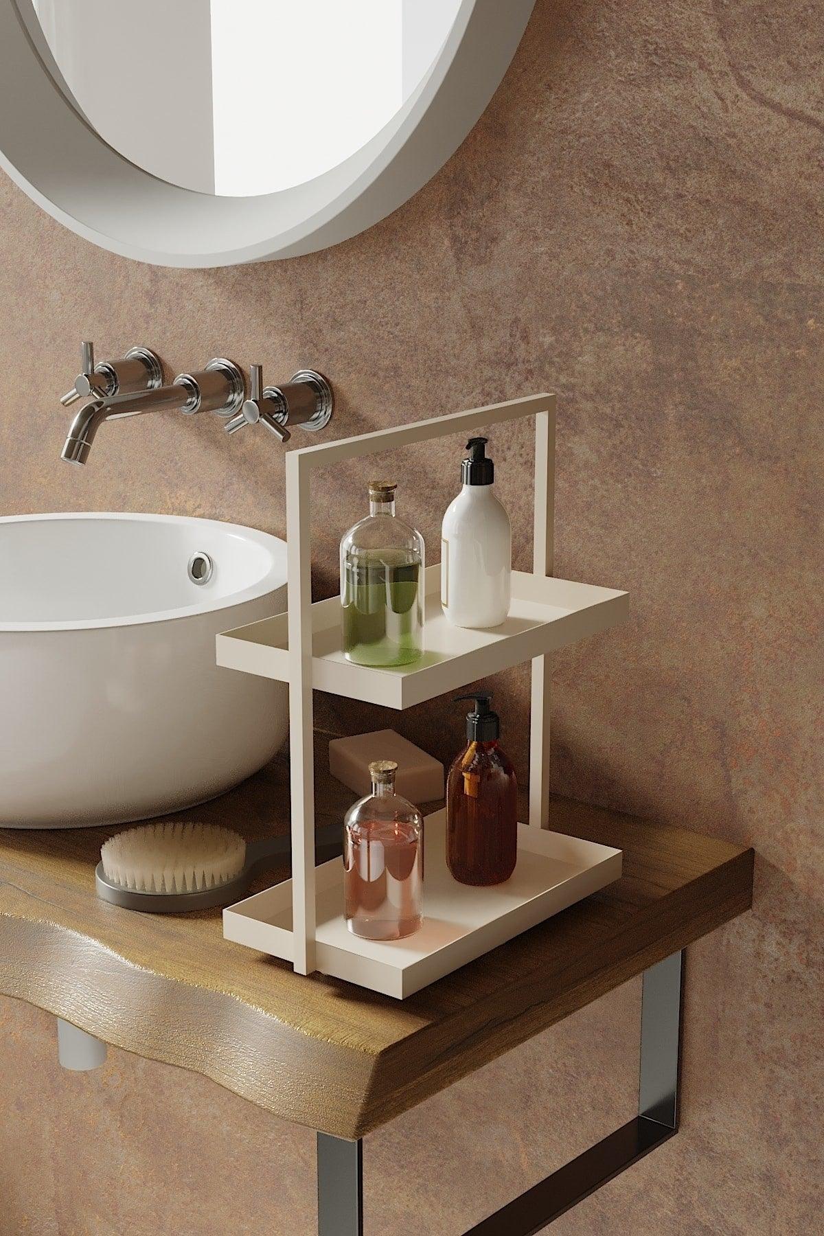 Cream Color Two Tiers Rectangle Skin Kitchen Jewelry Makeup Bathroom Organizer Organizer 35 Cm - Swordslife