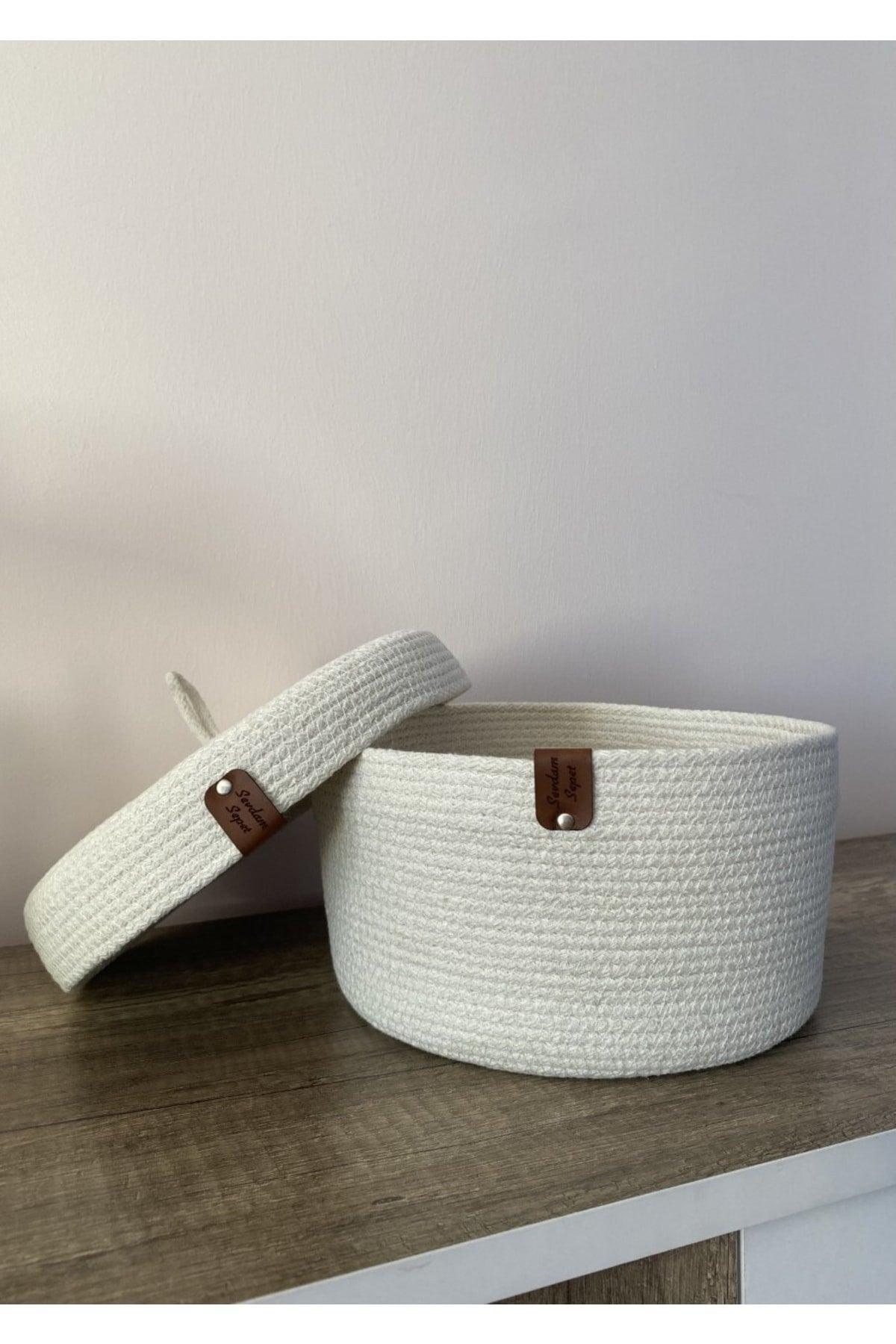 Cream Color Medium Size Multi-Purpose Basket with Lid, Cotton Basket, Decorative Basket, Wicker Basket, Cotton Rope - Swordslife