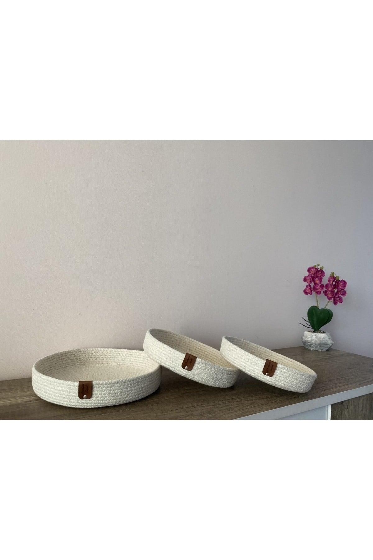 Cream Color Triple Thin Basket Set, Cotton Decorative Basket Set, Presentation Holder, Breakfast Box, Straw, Cotton Rope - Swordslife
