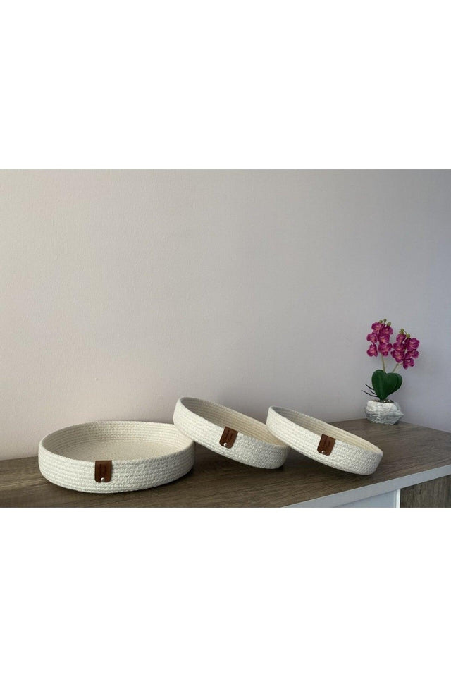 Cream Color Triple Thin Basket Set, Cotton Decorative Basket Set, Presentation Holder, Breakfast Box, Straw, Cotton Rope - Swordslife