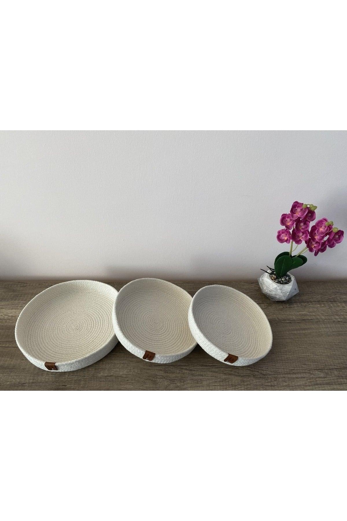 Cream Color Triple Thin Basket Set, Cotton Decorative Basket Set, Presentation Holder, Breakfast Box, Straw, Cotton Rope - Swordslife