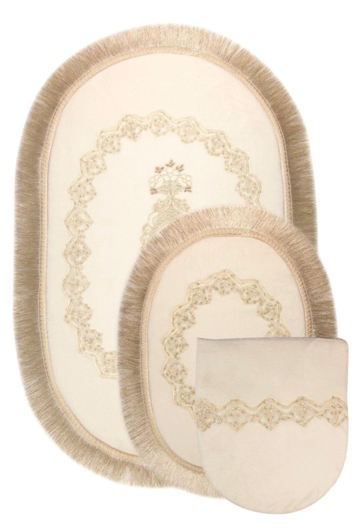 Cream Exclusive 3-Piece Oval Dowry Fringed French Lace Closet Set Bath Mat Set - Swordslife