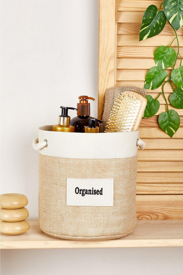 Cream Striped Cylinder Jute Basket – Medium - Swordslife