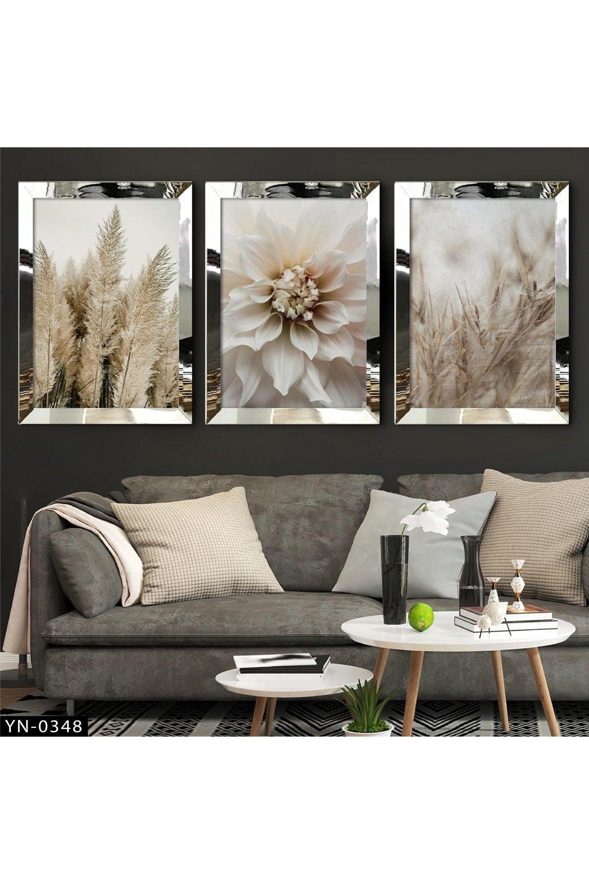 Cream Rose - Silver Mirror Framed Painting Set of 3-hyn-0348 - Swordslife