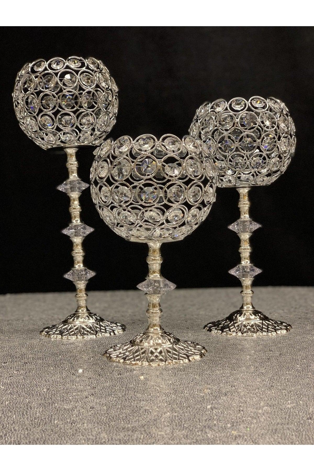 Set of 3 Silver Candlestick with Crystal Stone Leg - Swordslife