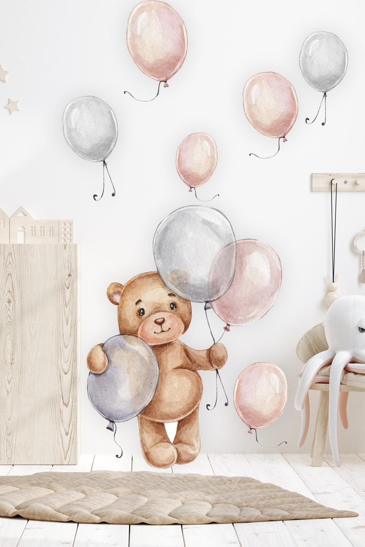 Cute Teddy Bear And Balloons Kids Baby Room Sticker Set - Swordslife