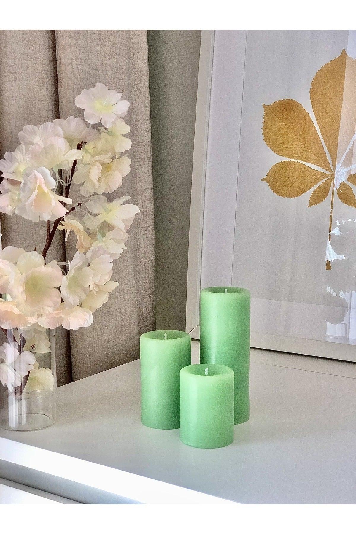 Cylinder Light Green Scented Long 3 Piece Sandalwood Scented Set Candle - Swordslife