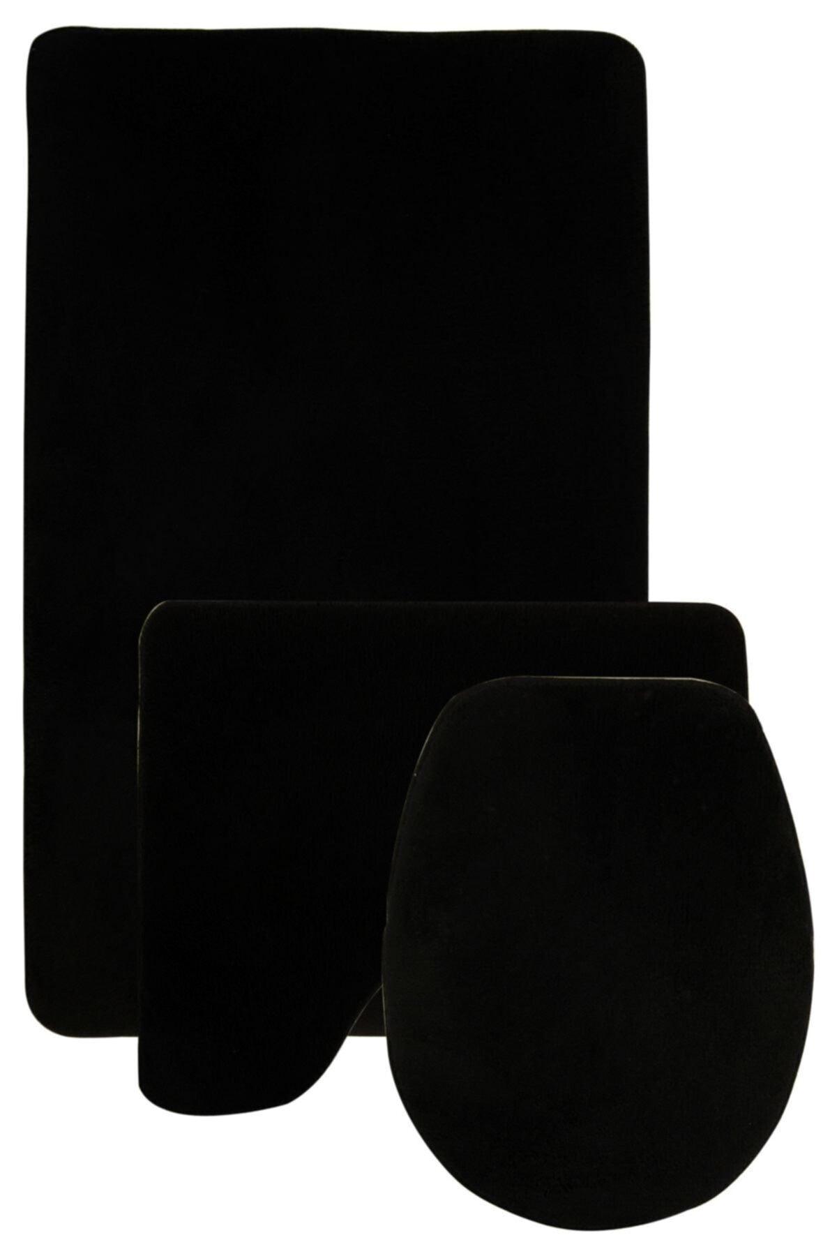 Damask 3-Piece Plain Black Ultrasoft Bathroom Carpet Mat Set Non-Slip Toilet Seat Set - Swordslife