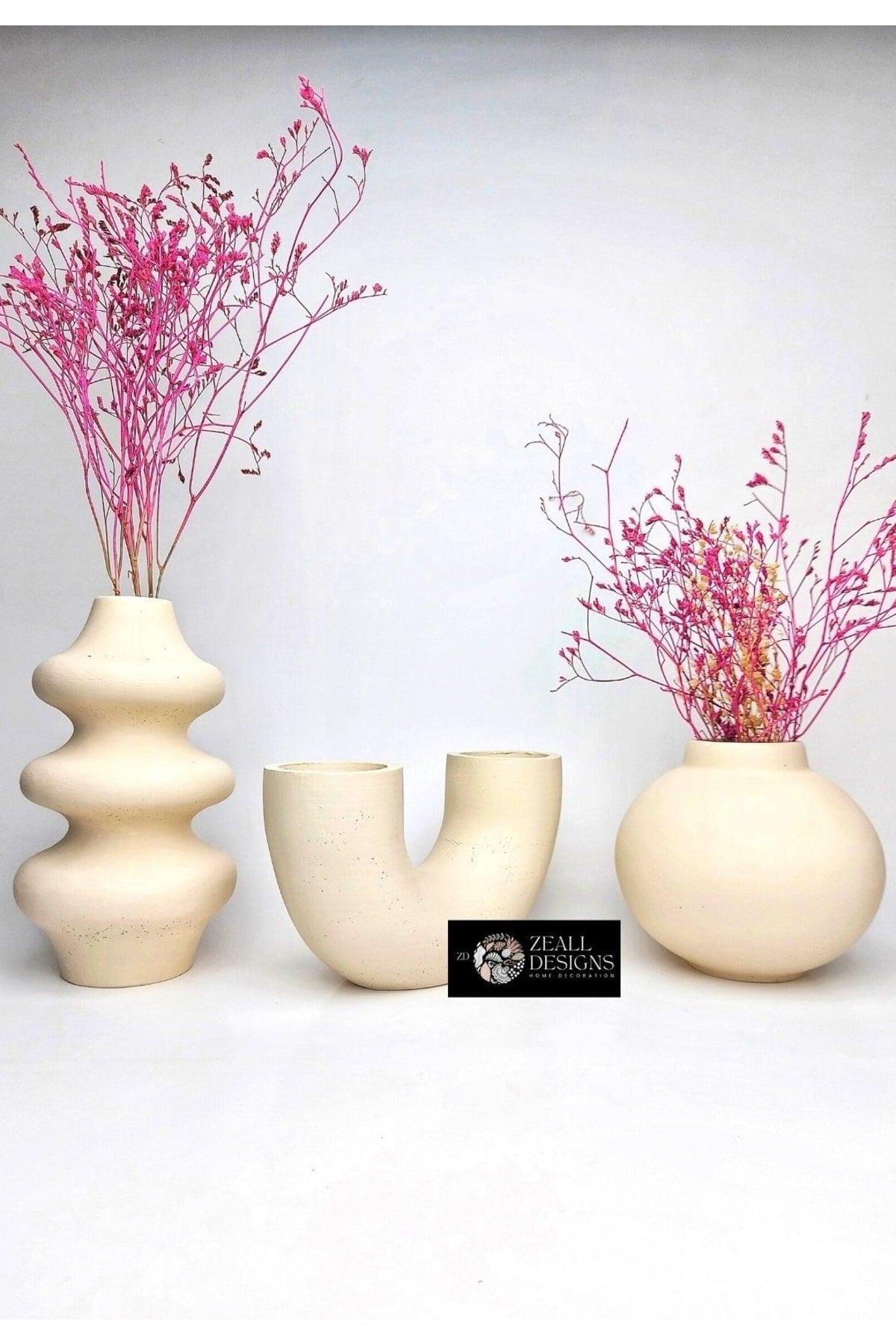 Decorative Ceramic Concept Matte Beige Topical Vase & Twist Vase & U Vase Bohemian Set - Swordslife