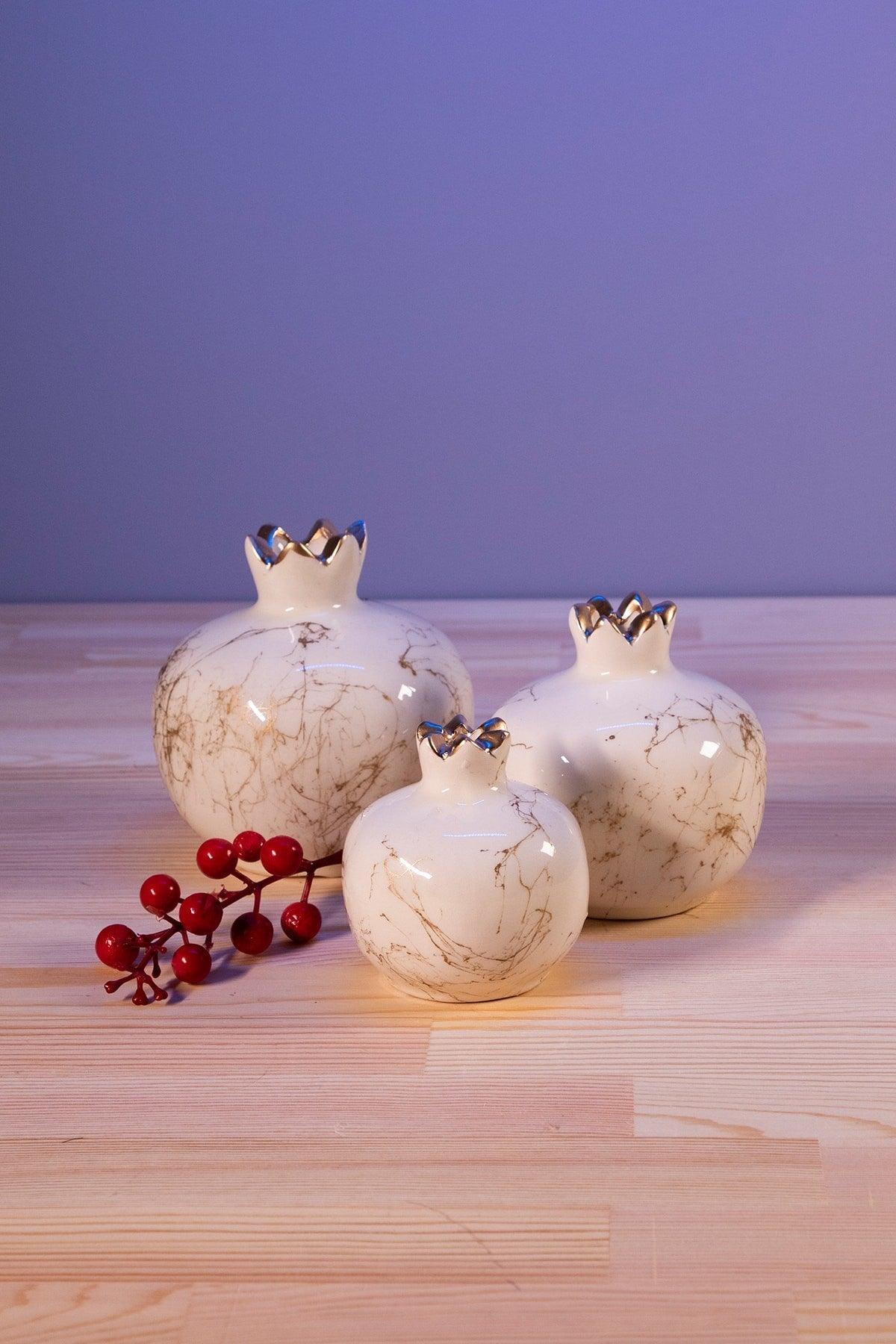 Decorative Ceramic Pomegranate Set Gold Marble Off White - Swordslife