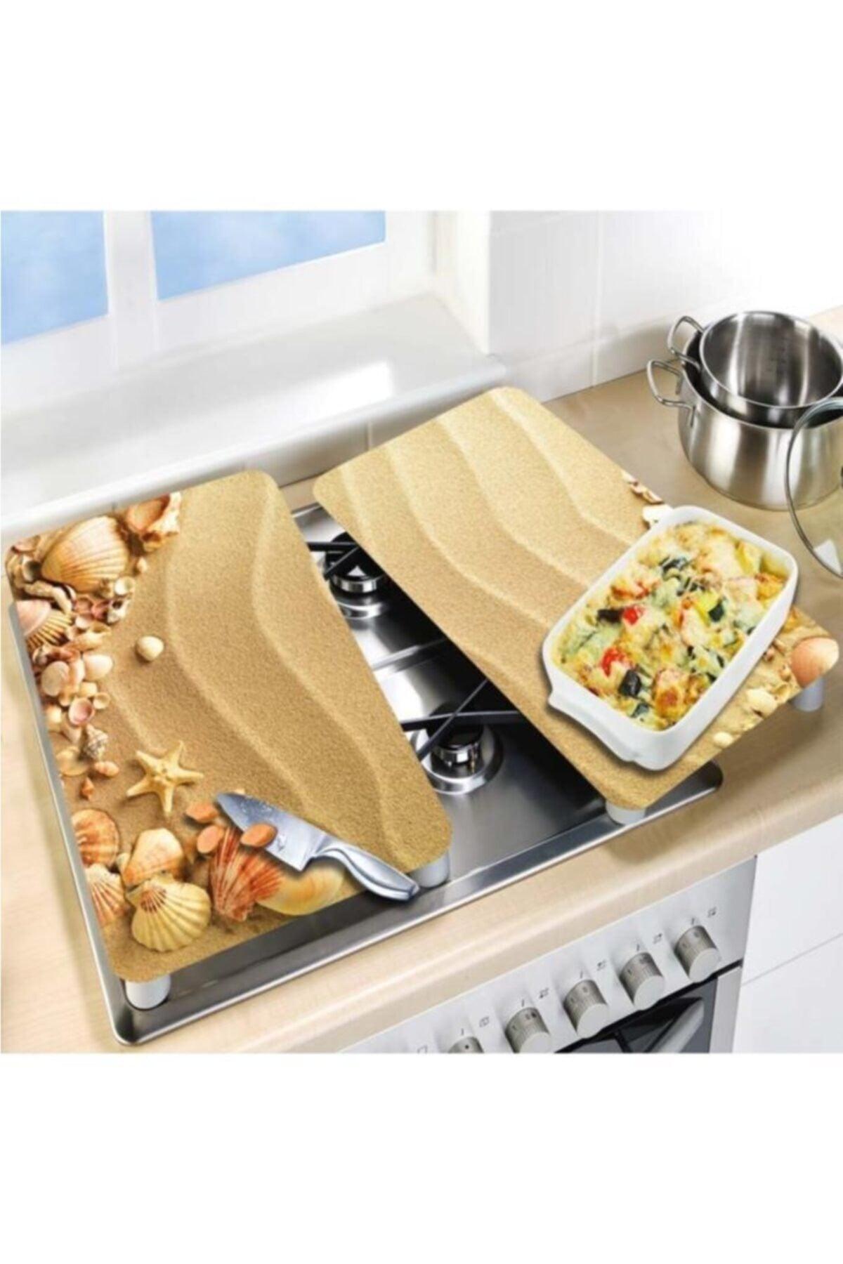 Decorative Glass Stove Protector And Cutting Board Beach 60cm X 52cm 2 Pieces, 4 Cookers - Swordslife